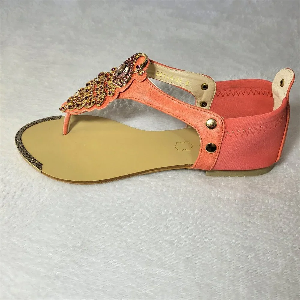 Coral Pink Summer Sandals Rhinestone Peacock Bird Thong Strap - Picture 5 of 9